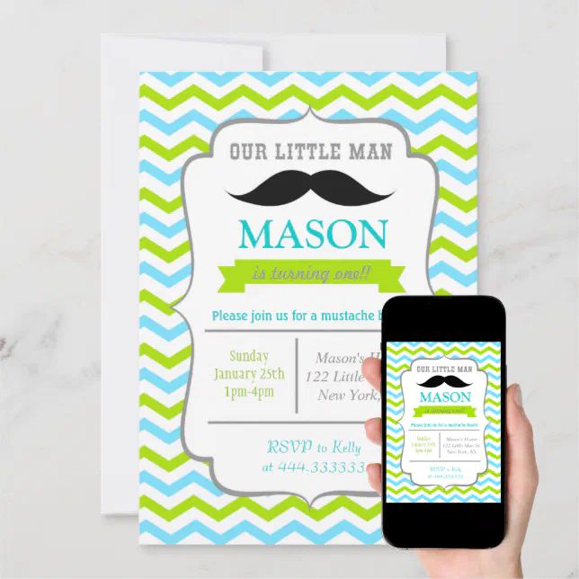 Mustache Little Man Birthday Party Invitations | Zazzle