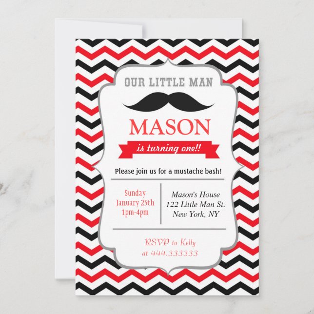 Mustache Little Man Birthday Party Invitations (Front)