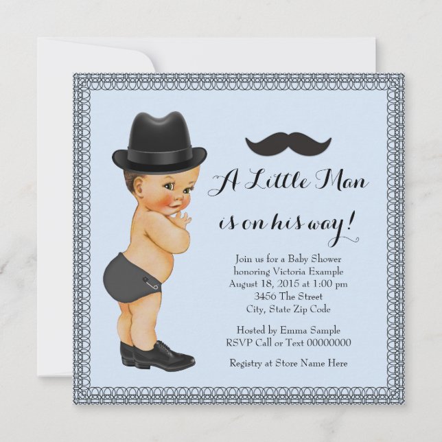 Mustache Little Man Blue and Black Baby Shower Invitation (Front)
