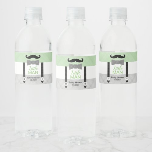 Mustache little man green gray boy baby shower water bottle label