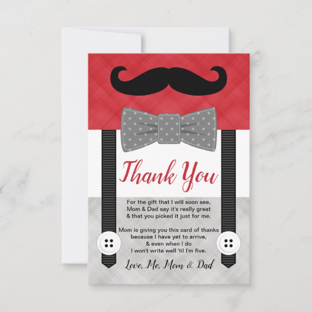 mustache little man red gray boy baby shower thank you card (Front)