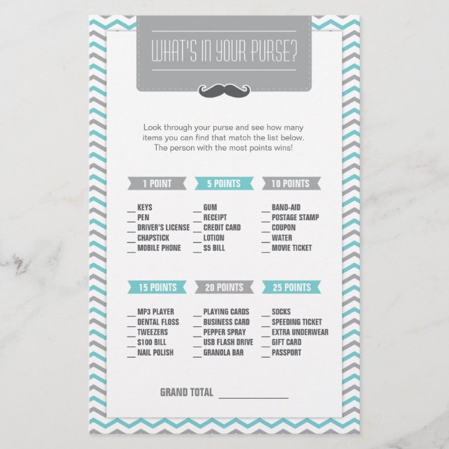 Mustache / Little Man What's in your Purse Game (Front)