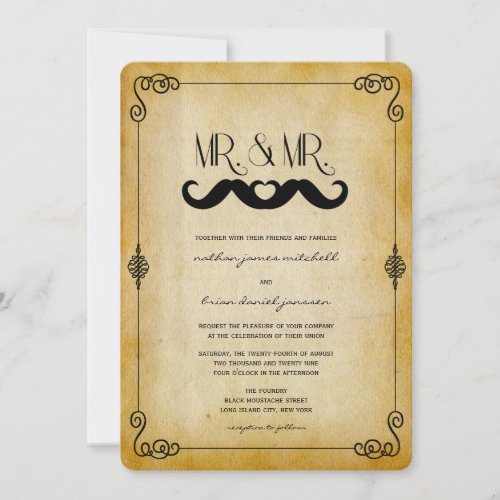 Mustache Love Mr  Mr Vintage Paper Gay Wedding Invitation