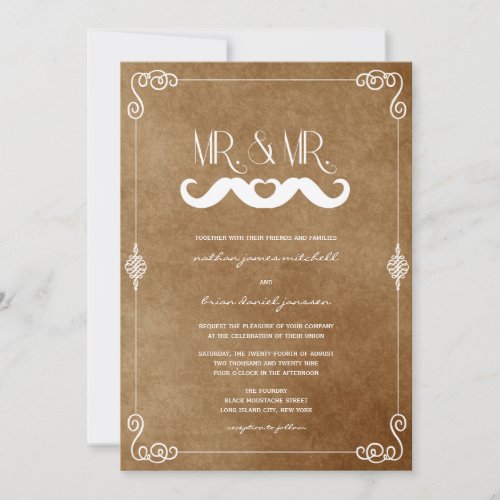 Mustache Love Mr  Mr Vintage Paper Gay Wedding Invitation