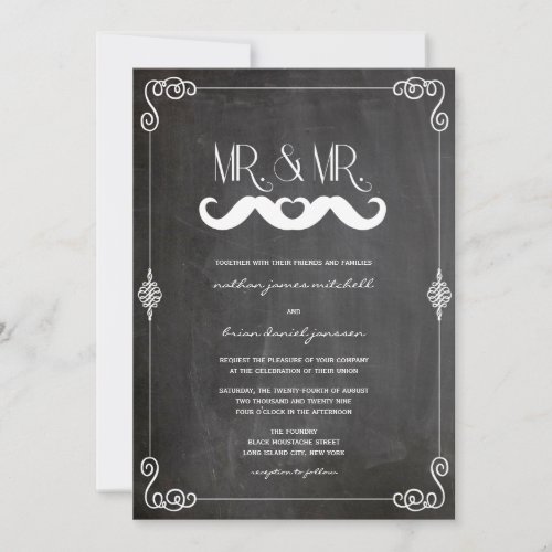 Mustache Love Vintage Chalkboard Gay Wedding Invitation