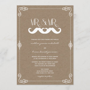 Mustache Love Vintage Kraft Paper Gay Wedding Invitation