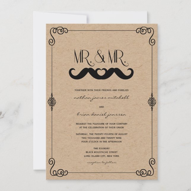 Mustache Love Vintage Kraft Paper Gay Wedding Invitation (Front)