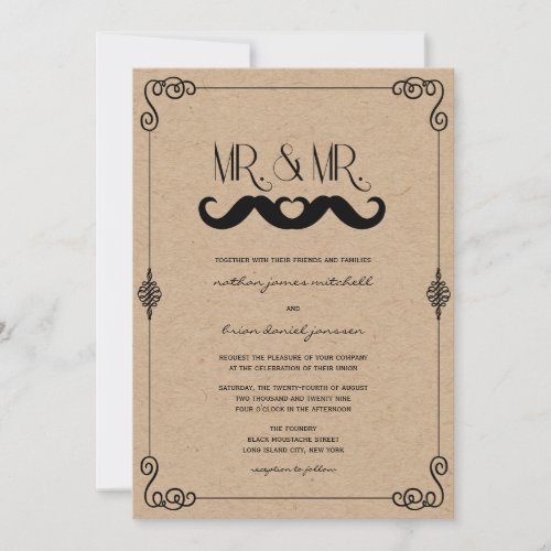 Mustache Love Vintage Kraft Paper Gay Wedding Invitation