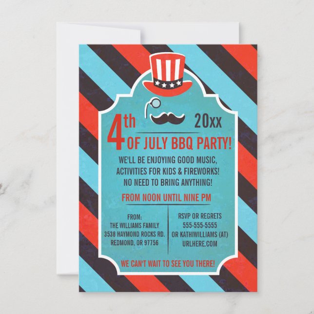Mustache Monocle 4th of July Party Invitations (Front)