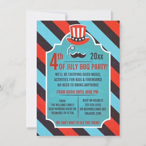 Mustache Monocle 4th of July Party Invitations