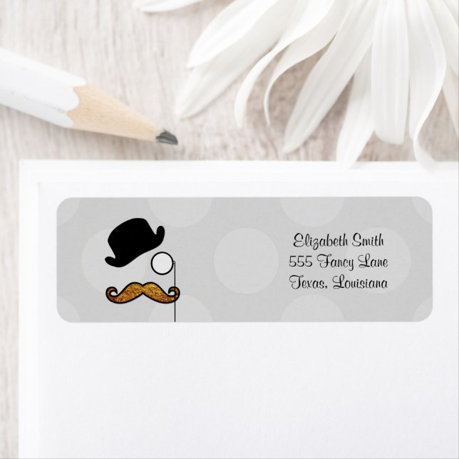 Mustache, Moustache, Stache, Monocle, Bowler Hat Label (Insitu)