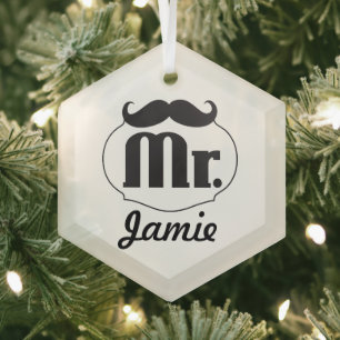 Mustache Mr. Hipster Vintage Retro Glass Ornament