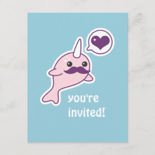 Mustache Narwhal Kids Birthday Party Invitations