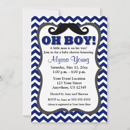 Mustache Navy Blue Chevron Baby Shower Invite