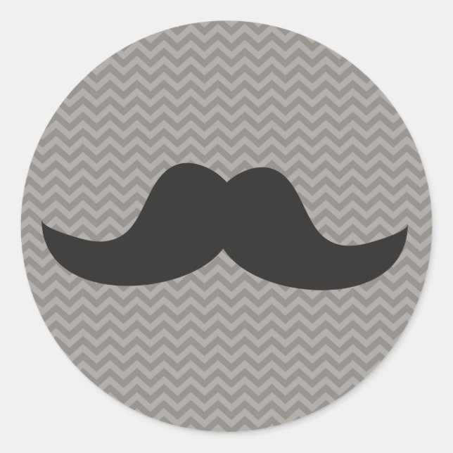 Mustache on grey chevron background classic round sticker (Front)