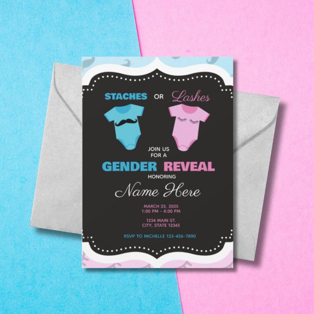 Mustache or Eyelashes Pink Blue Gender Reveal Invitation (Creator Uploaded)