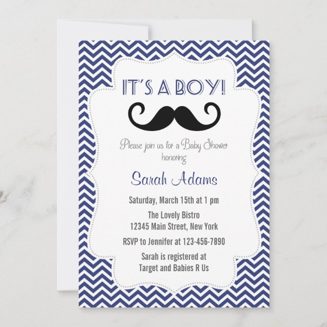 Mustache Party Baby Shower Invitation Navy Blue (Front)