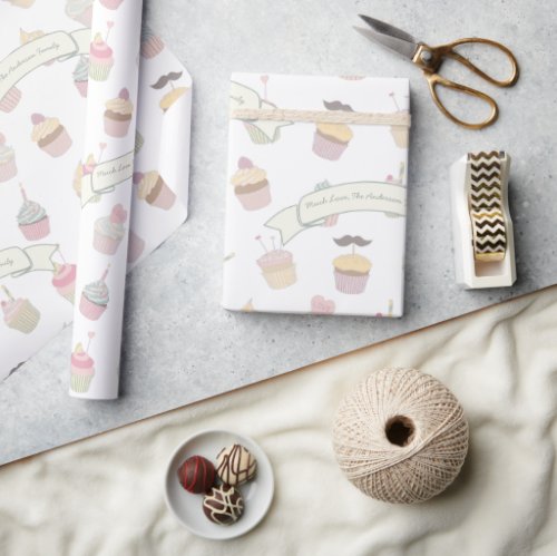 Mustache Pastel Personalized Cupcake Pattern Wrapping Paper