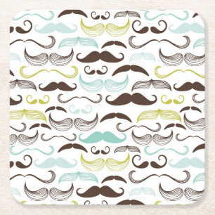 Mustache pattern, retro style 2 square paper coaster