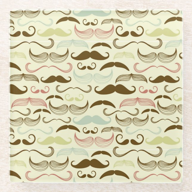 Mustache pattern, retro style 4 glass coaster (Front)