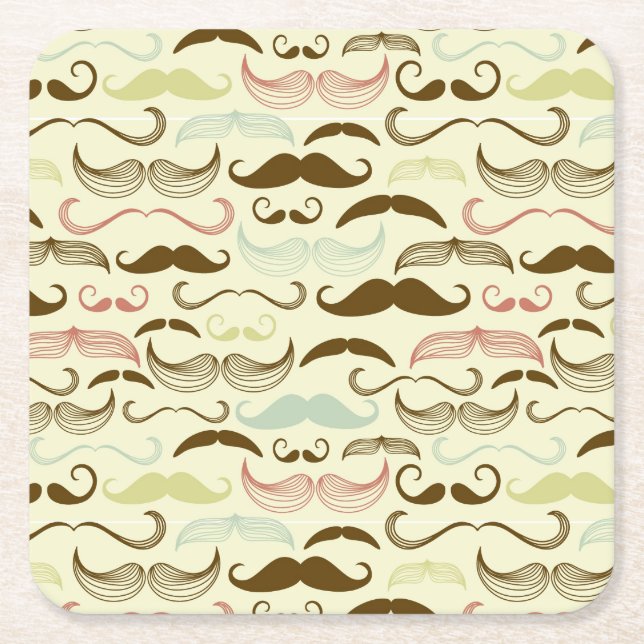 Mustache pattern, retro style 4 square paper coaster (Front)