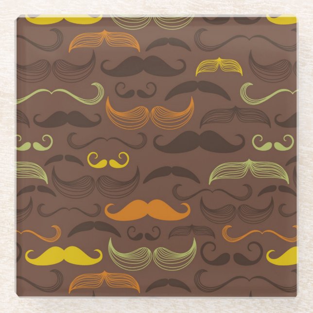 Mustache pattern, retro style 5 glass coaster (Front)