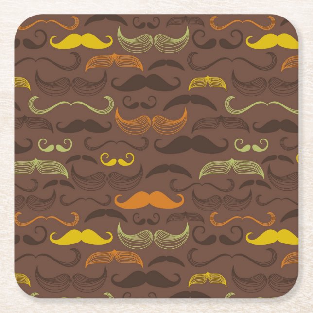 Mustache pattern, retro style 5 square paper coaster (Front)