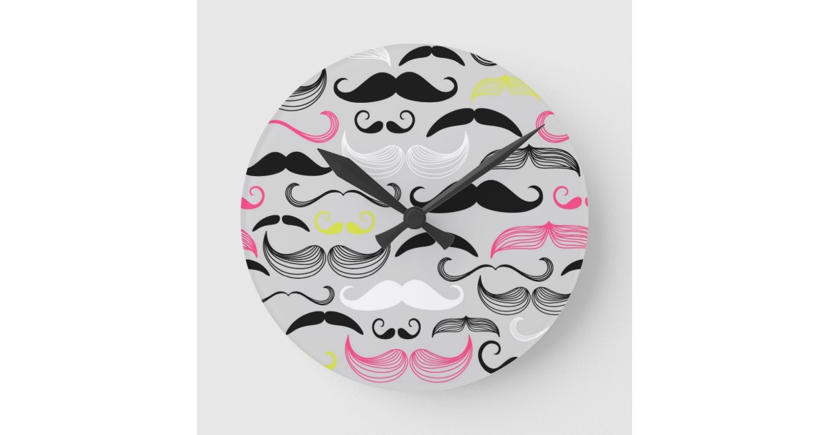 Mustache pattern, retro style round clock | Zazzle