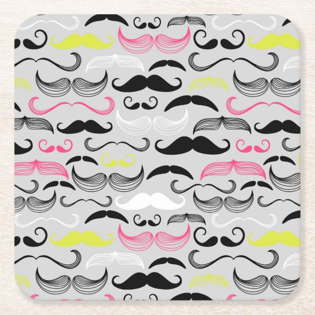 Mustache pattern, retro style square paper coaster (Front)