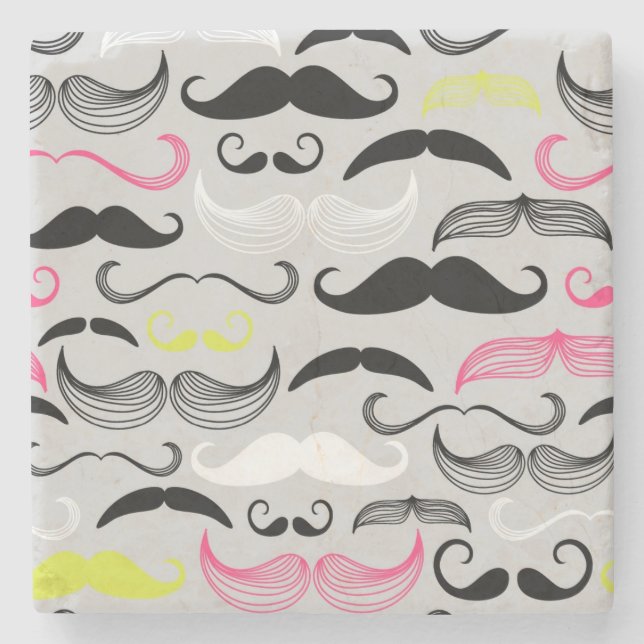 Mustache pattern, retro style stone coaster (Front)