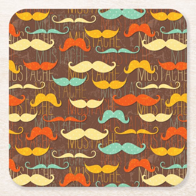 Mustache pattern square paper coaster (Front)