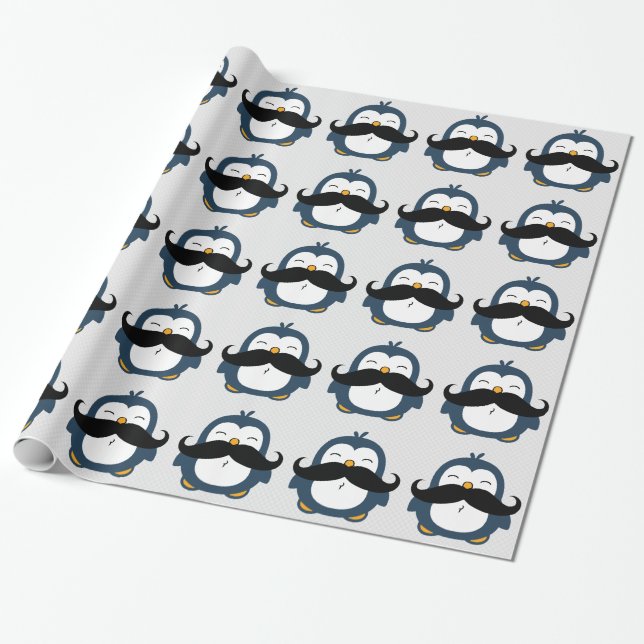 Mustache Penguin Cartoon Wrapping Paper (Unrolled)