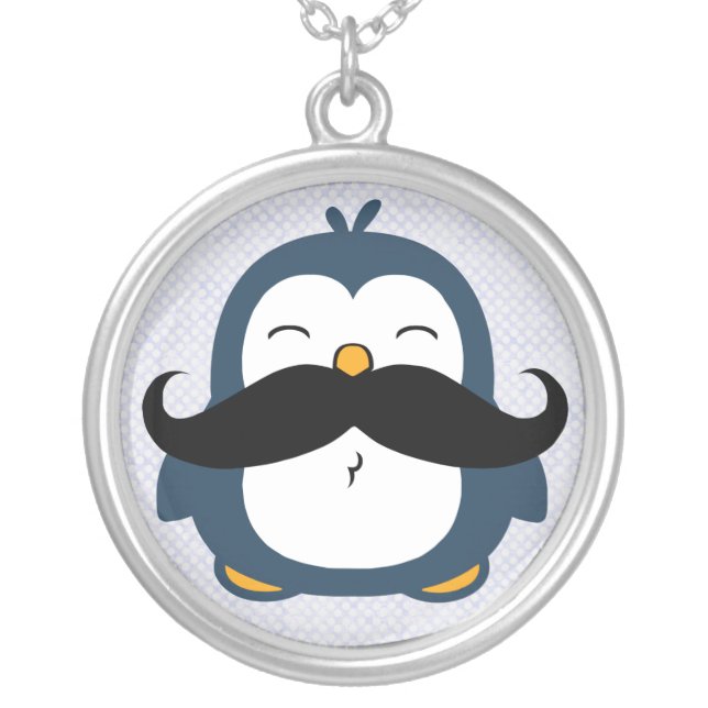 Mustache Penguin Silver Plated Necklace (Front)