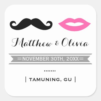 Mustache & Pink Lips Wedding Favor Stickers by RenImasa at Zazzle