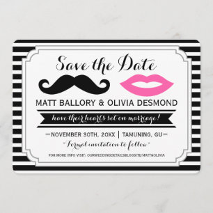 Mustache & Pink Lips Wedding Stripe Save the Dates Date