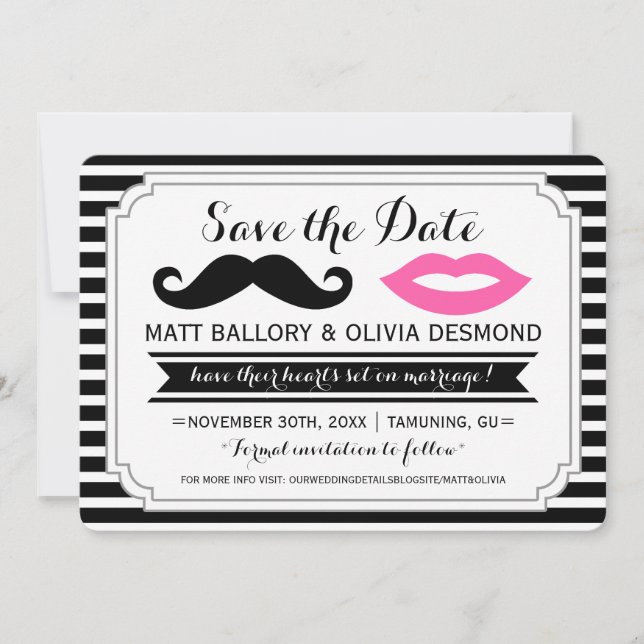 Mustache & Pink Lips Wedding Stripe Save the Dates Date (Front)