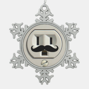 Mustache power outlet snowflake pewter christmas ornament