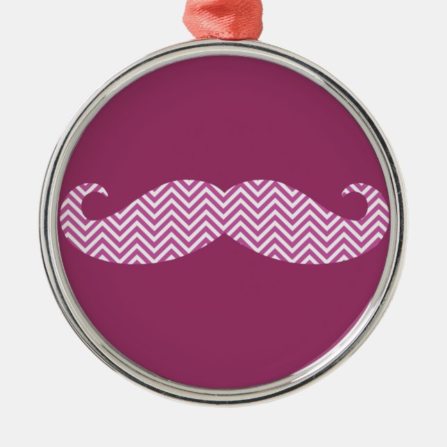 Mustache Radiant Orchid Purple Chevron Pattern Fun Metal Ornament (Front)