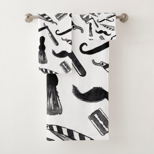 Mustache Razor Shaver Watercolor Barber Pattern Bath Towel Set