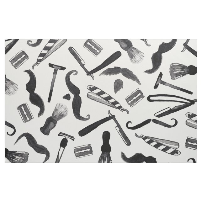 Mustache Razor Shaver Watercolor Barber Pattern Fabric (Yard)