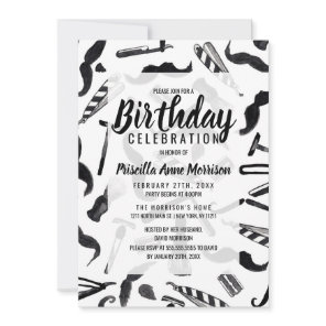 Mustache Razor Shaver Watercolor Barber Pattern Invitation