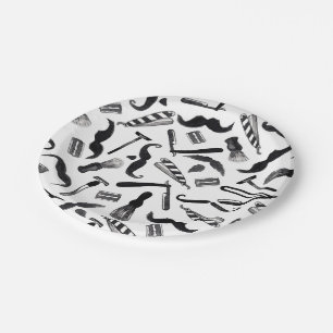 Mustache Razor Shaver Watercolor Barber Pattern Paper Plates