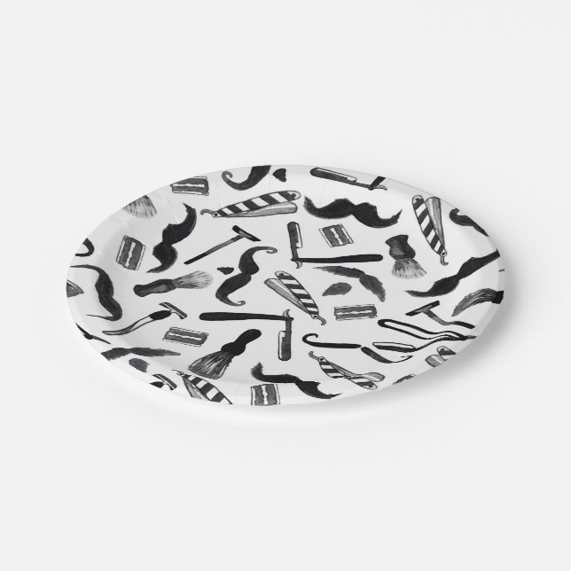 Mustache Razor Shaver Watercolor Barber Pattern Paper Plates (Angled)