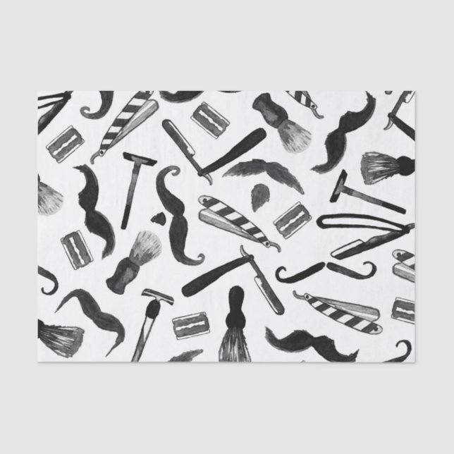 Mustache Razor Shaver Watercolor Barber Pattern Tissue Paper (Front)