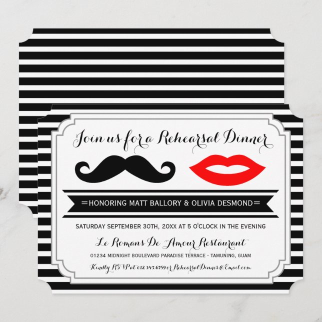 Mustache & Red Lips Rehearsal Dinner Stripes Invitation (Front/Back)
