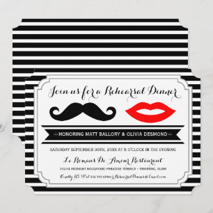 Mustache & Red Lips Rehearsal Dinner Stripes Invitation