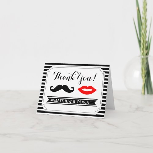 Mustache  Red Lips Wedding Stripe Thank You Cards