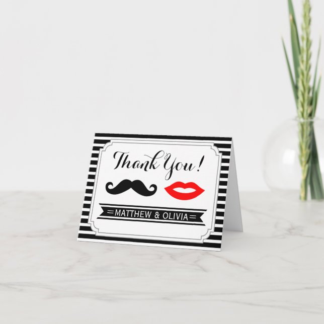 Mustache & Red Lips Wedding Stripe Thank You Cards (Front)