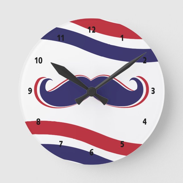 Mustache - Red, White and Blue Round Clock (Front)