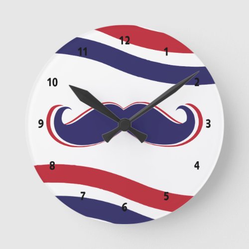 Mustache _ Red White and Blue Round Clock